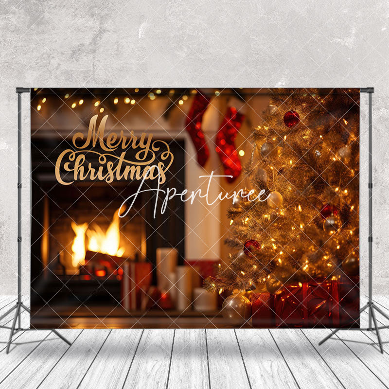 Aperturee - Aperturee Pine Tree Gifts Fireplace Merry Christmas Backdrop