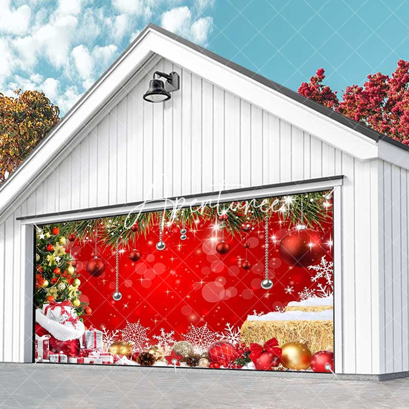 Aperturee - Aperturee Pine Tree Leaves Stacks Red Xmas Garage Door Banner