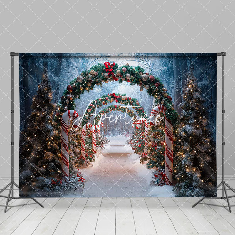 Aperturee - Aperturee Pine Trees Wreath Arch Door Cane Candy Xmas Backdrop