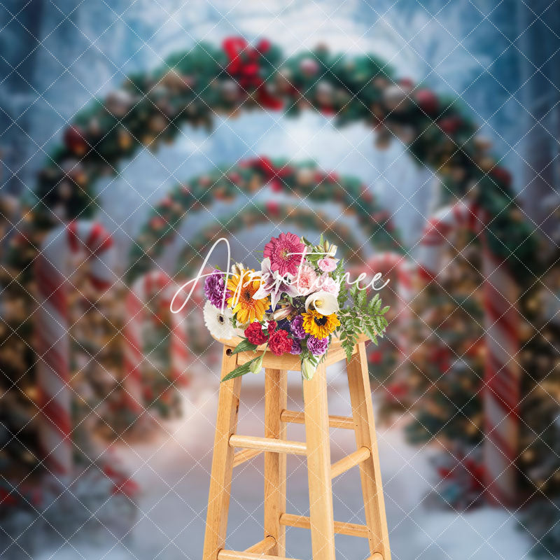 Aperturee - Aperturee Pine Trees Wreath Arch Door Cane Candy Xmas Backdrop