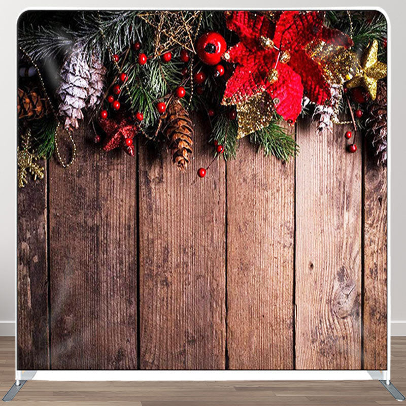 Aperturee - Aperturee Pinecone Flower Wooden Board Christmas Backdrop