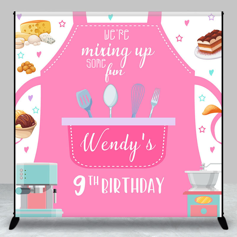 Aperturee - Aperturee Pink Apron Baking Custom Name 9th Birthday Backdrop