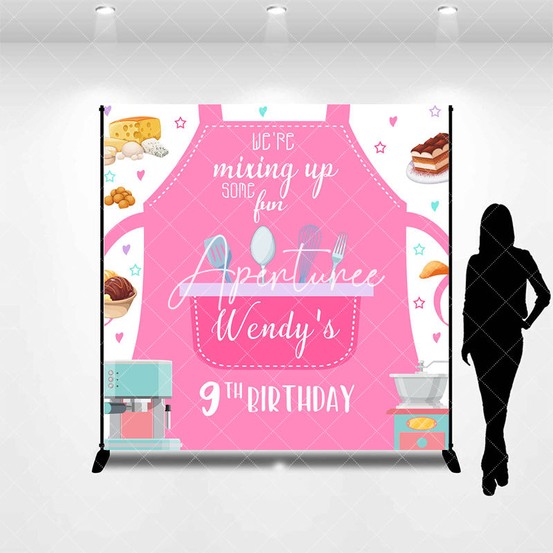 Aperturee - Aperturee Pink Apron Baking Custom Name 9th Birthday Backdrop