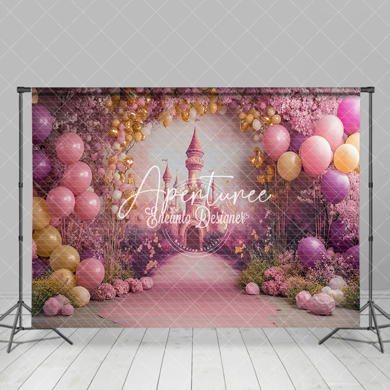 Aperturee - Aperturee Pink Arch Floral Balloon Castle Cake Smash Backdrop