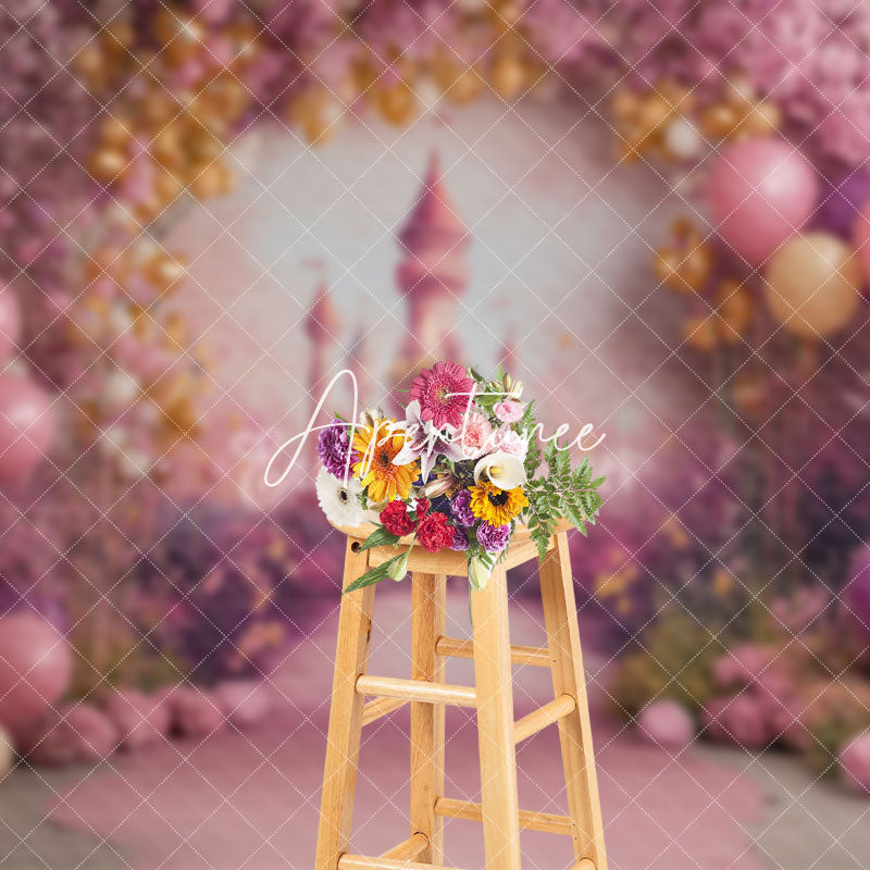 Aperturee - Aperturee Pink Arch Floral Balloon Castle Cake Smash Backdrop