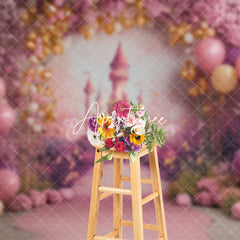 Aperturee - Aperturee Pink Arch Floral Balloon Castle Cake Smash Backdrop