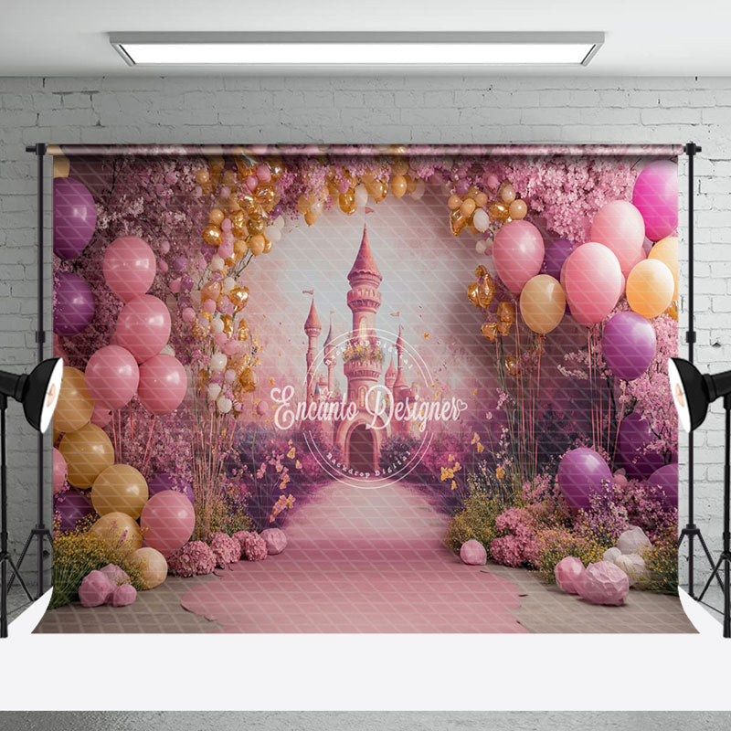 Aperturee - Aperturee Pink Arch Floral Balloon Castle Cake Smash Backdrop