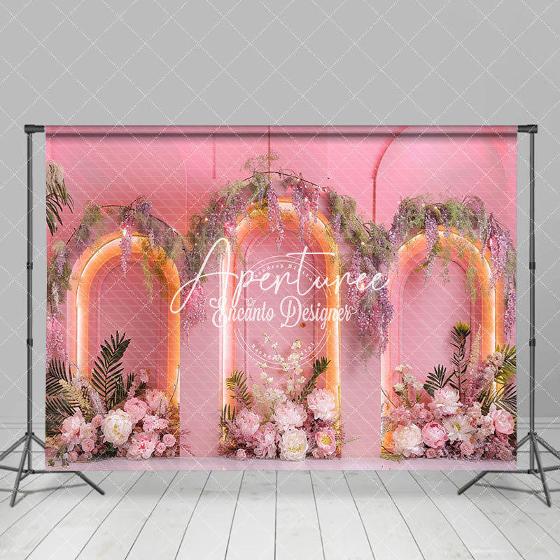 Aperturee - Aperturee Pink Arch Wall Greenery Floral Light Wedding Backdrop