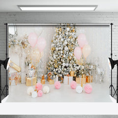 Aperturee - Aperturee Pink Balloon Gold White Bauble Tree Xmas Backdrop