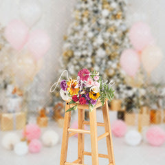 Aperturee - Aperturee Pink Balloon Gold White Bauble Tree Xmas Backdrop