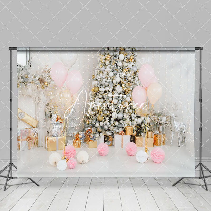 Aperturee - Aperturee Pink Balloon Gold White Bauble Tree Xmas Backdrop