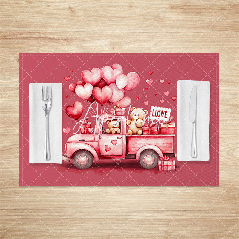 Aperturee - Aperturee Pink Balloon Truck Valentines Day Set Of 4 Placemats