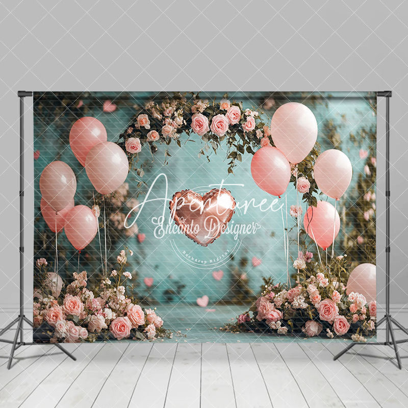 Aperturee - Aperturee Pink Balloons Arch Floral Valentines Day Backdrop