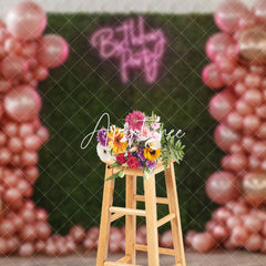 Aperturee - Aperturee Pink Balloons Green Grass Wall Birthday Backdrop