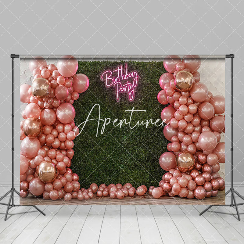 Aperturee - Aperturee Pink Balloons Green Grass Wall Birthday Backdrop