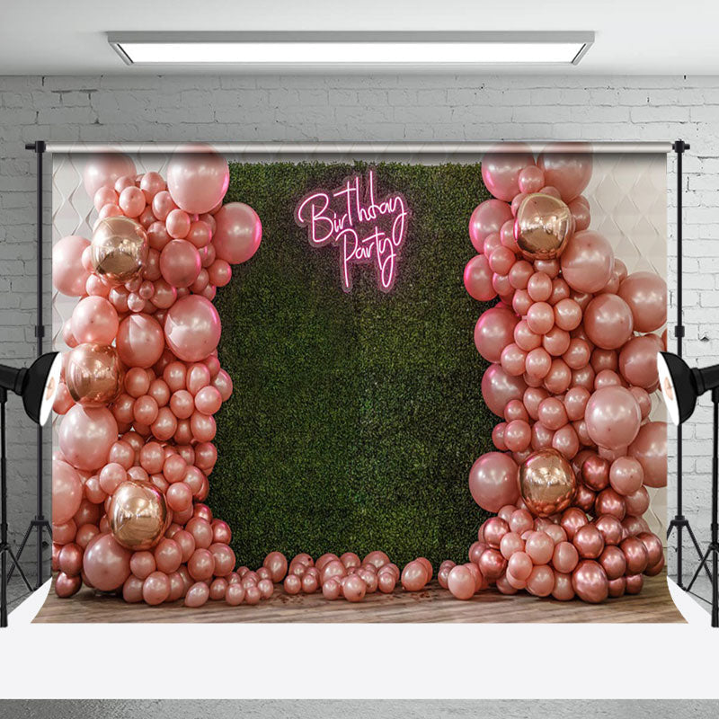 Aperturee - Aperturee Pink Balloons Green Grass Wall Birthday Backdrop