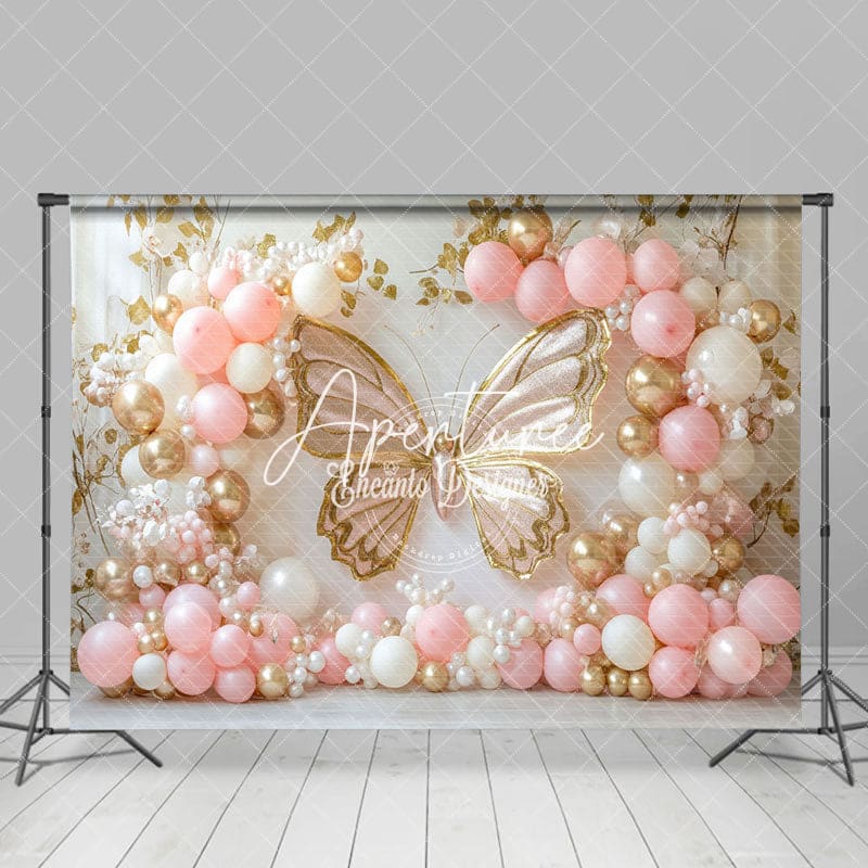 Aperturee - Aperturee Pink Balloons Pearl Butterfly Cake Smash Backdrop