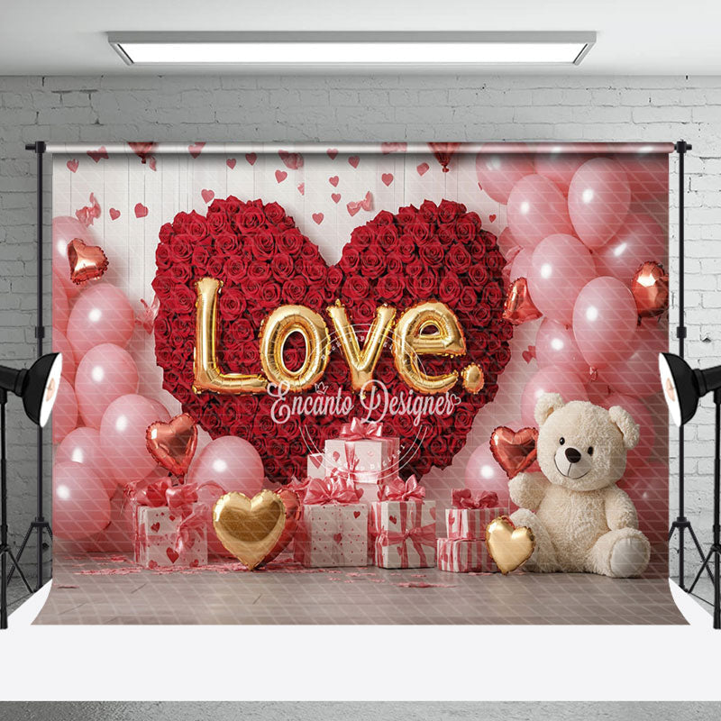 Aperturee - Aperturee Pink Balloons Red Rose Bear Valentines Day Backdrop