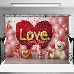 Aperturee - Aperturee Pink Balloons Red Rose Bear Valentines Day Backdrop