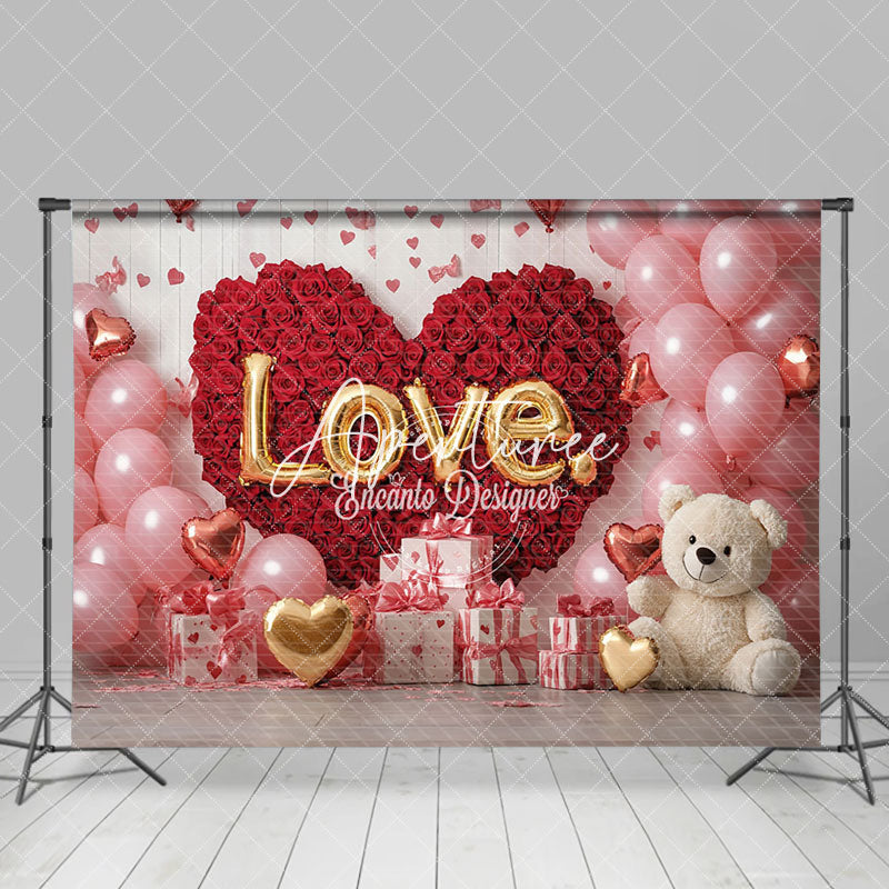 Aperturee - Aperturee Pink Balloons Red Rose Bear Valentines Day Backdrop