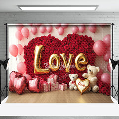 Aperturee - Aperturee Pink Balloons Rose Heart Bear Valentines Day Backdrop