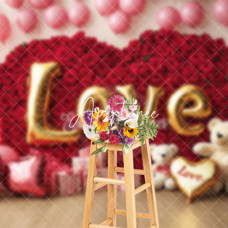 Aperturee - Aperturee Pink Balloons Rose Heart Bear Valentines Day Backdrop