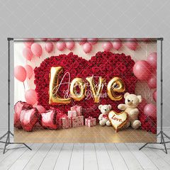 Aperturee - Aperturee Pink Balloons Rose Heart Bear Valentines Day Backdrop