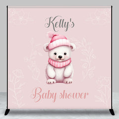 Aperturee - Aperturee Pink Bear Floral Custom Name Baby Shower Backdrop