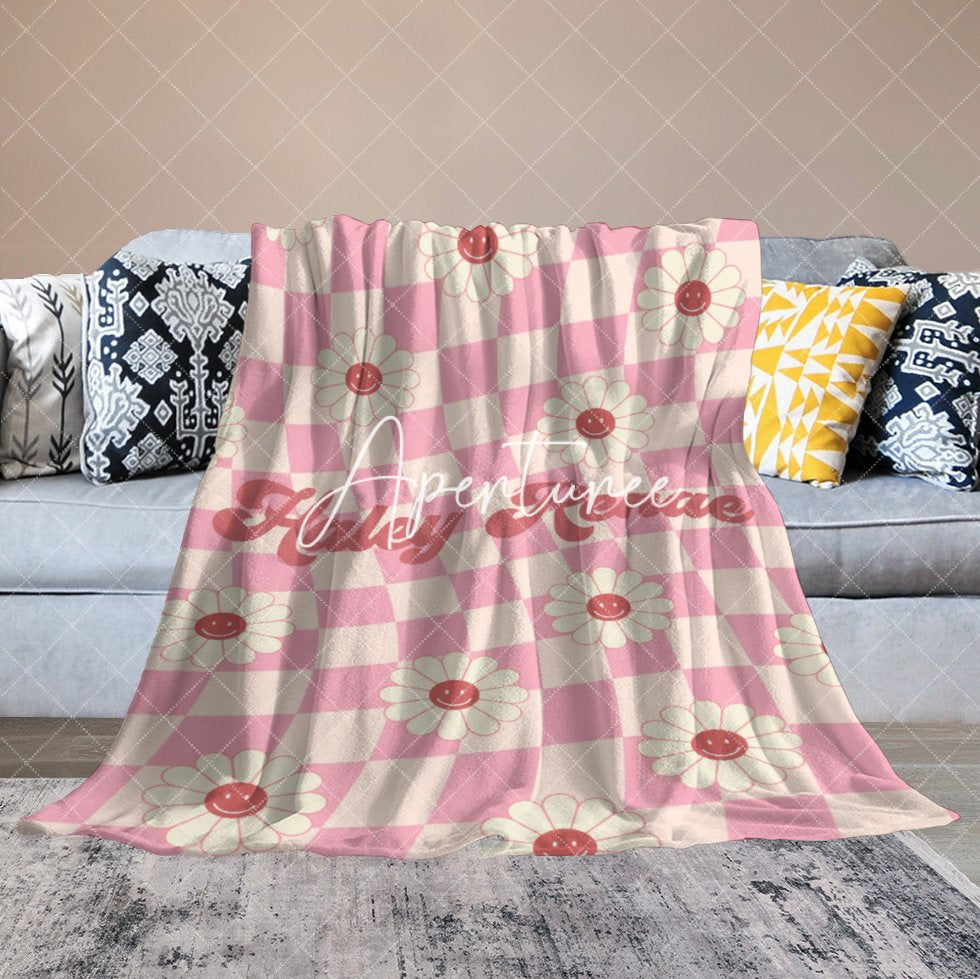 Aperturee - Aperturee Pink Beige Plaid Simle Daisy Custom Name Blanket