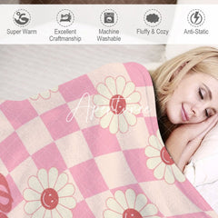 Aperturee - Aperturee Pink Beige Plaid Simle Daisy Custom Name Blanket