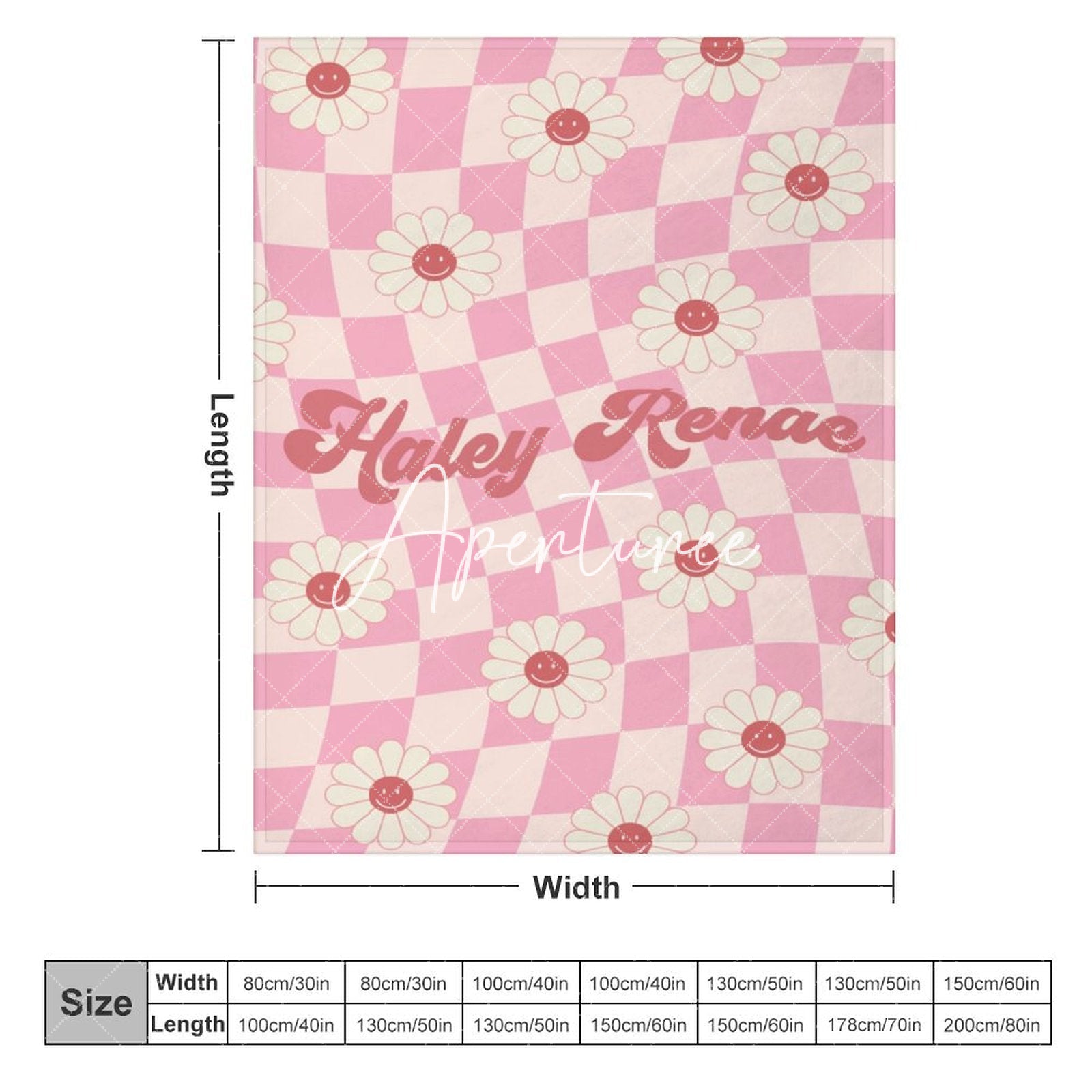 Aperturee - Aperturee Pink Beige Plaid Simle Daisy Custom Name Blanket