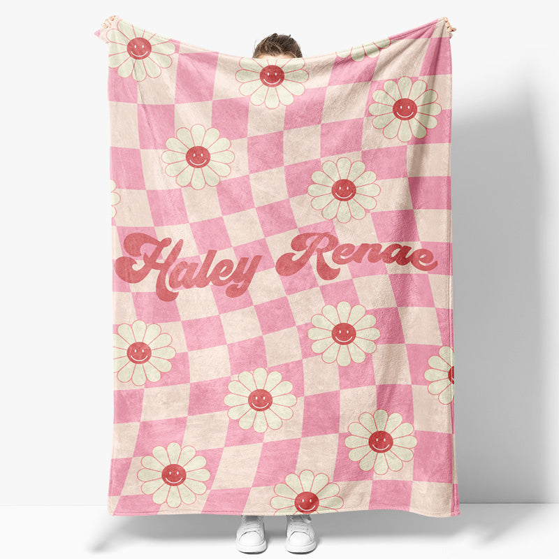 Aperturee - Aperturee Pink Beige Plaid Simle Daisy Custom Name Blanket