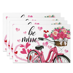 Aperturee - Aperturee Pink Bike Floral Romantic Be Mine Set Of 4 Placemats