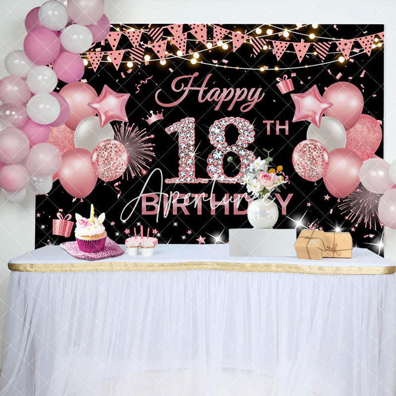 Aperturee - Aperturee Pink Black Glitter Balloon 18TH Birthday Backdrop