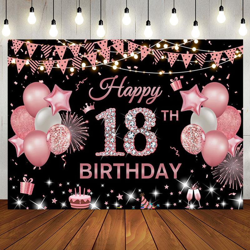 Aperturee - Aperturee Pink Black Glitter Balloon 18TH Birthday Backdrop