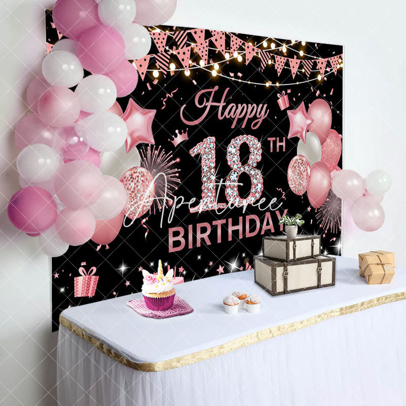 Aperturee - Aperturee Pink Black Glitter Balloon 18TH Birthday Backdrop