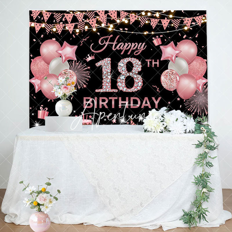 Aperturee - Aperturee Pink Black Glitter Balloon 18TH Birthday Backdrop