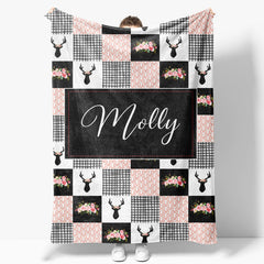 Aperturee - Aperturee Pink Black White Elk Floral Plaid Custom Name Blanket