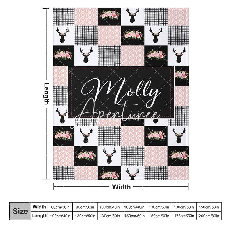 Aperturee - Aperturee Pink Black White Elk Floral Plaid Custom Name Blanket