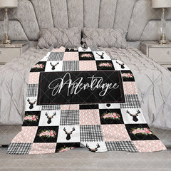 Aperturee - Aperturee Pink Black White Elk Floral Plaid Custom Name Blanket