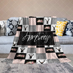 Aperturee - Aperturee Pink Black White Elk Floral Plaid Custom Name Blanket