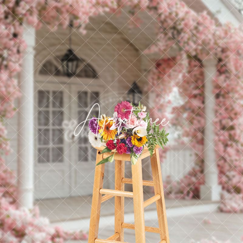 Aperturee - Aperturee Pink Blooming Flower White Door Spring Backdrop