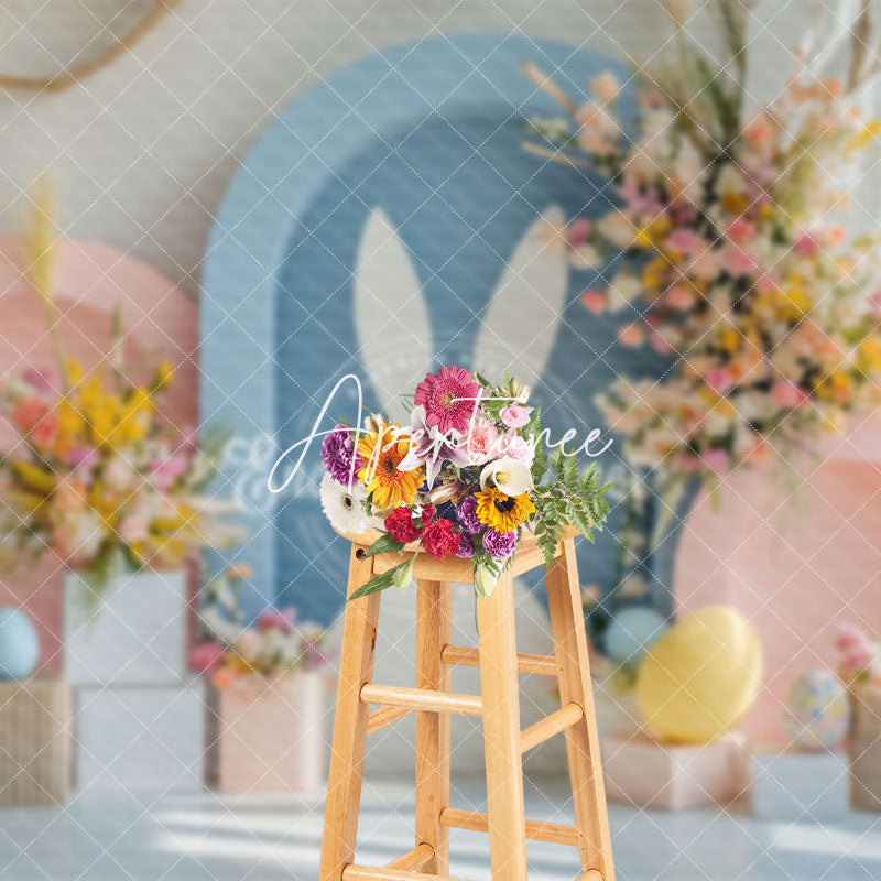 Aperturee - Aperturee Pink Blue Arch Bunny Floral Eggs Easter Backdrop