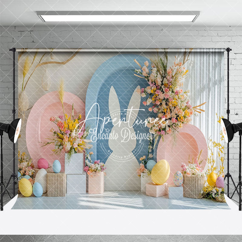 Aperturee - Aperturee Pink Blue Arch Bunny Floral Eggs Easter Backdrop