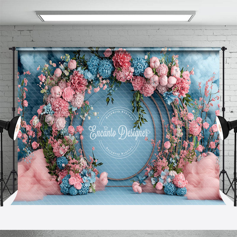 Aperturee - Aperturee Pink Blue Arch Floral Elegant Romantic Wall Backdrop