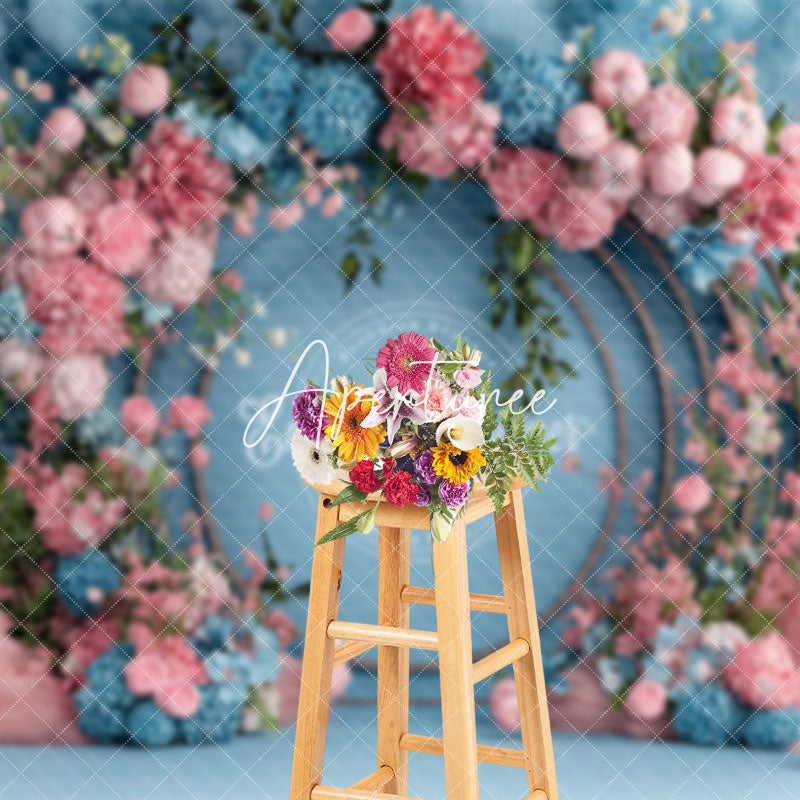 Aperturee - Aperturee Pink Blue Arch Floral Elegant Romantic Wall Backdrop