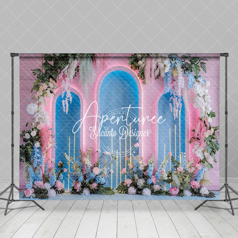 Aperturee - Aperturee Pink Blue Arch Wall Floral Romantic Wedding Backdrop