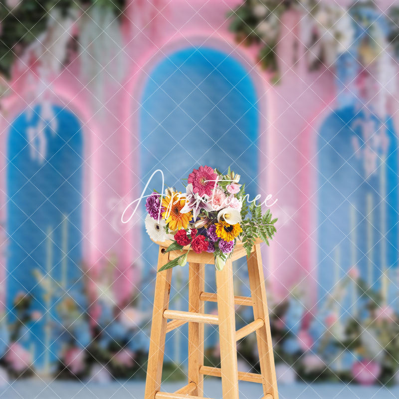 Aperturee - Aperturee Pink Blue Arch Wall Floral Romantic Wedding Backdrop