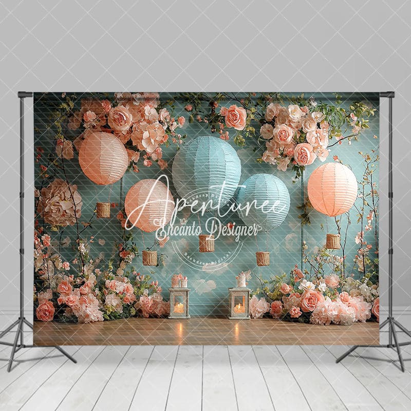 Aperturee - Aperturee Pink Blue Hot Air Balloon Floral Wedding Backdrop