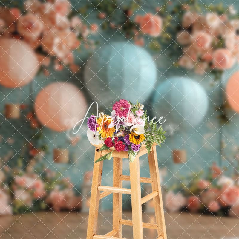 Aperturee - Aperturee Pink Blue Hot Air Balloon Floral Wedding Backdrop